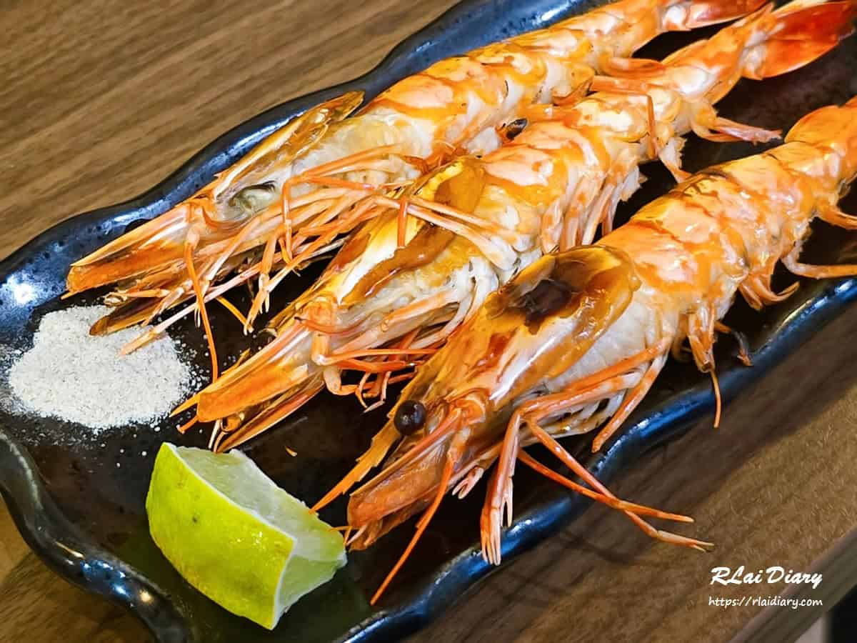 三尾烤大蝦近拍，玖眾串燒食堂成功路居酒屋必點料理