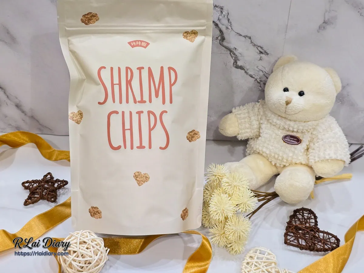 Be甜點工作室咔咔蝦餅，嚴選國產火燒蝦製作，非油炸製程的清爽系零嘴包裝