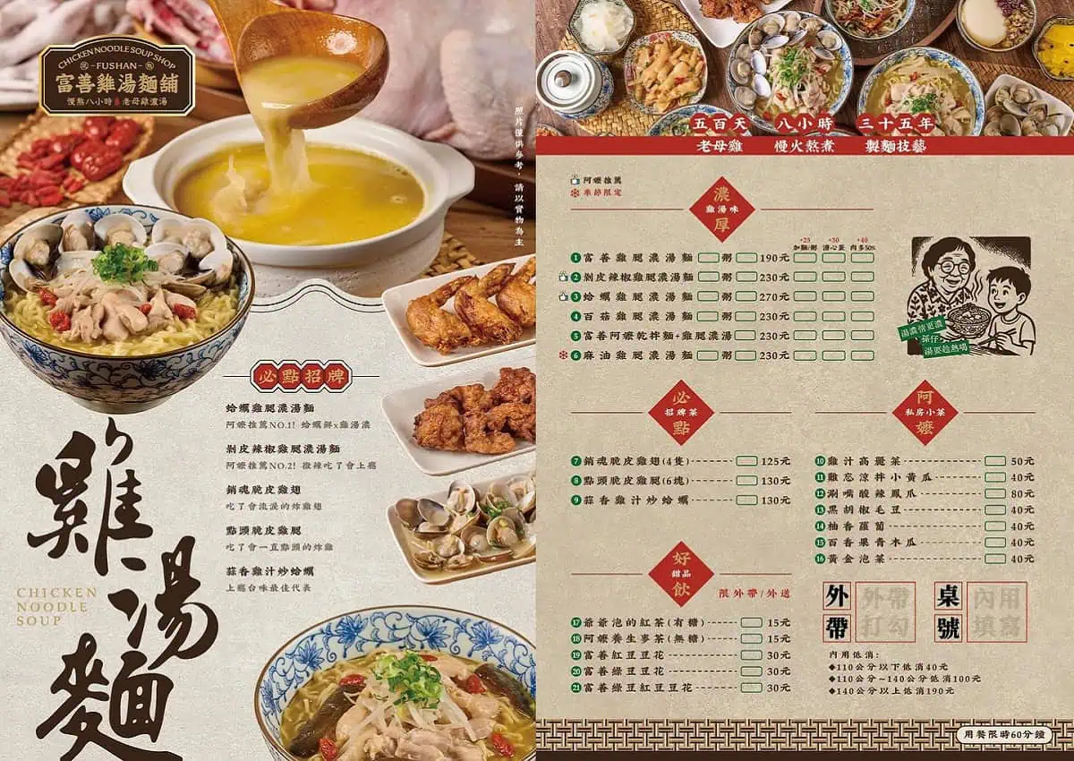 富善雞湯麵舖完整菜單價位表，包含各類濃湯麵粥與私房小菜