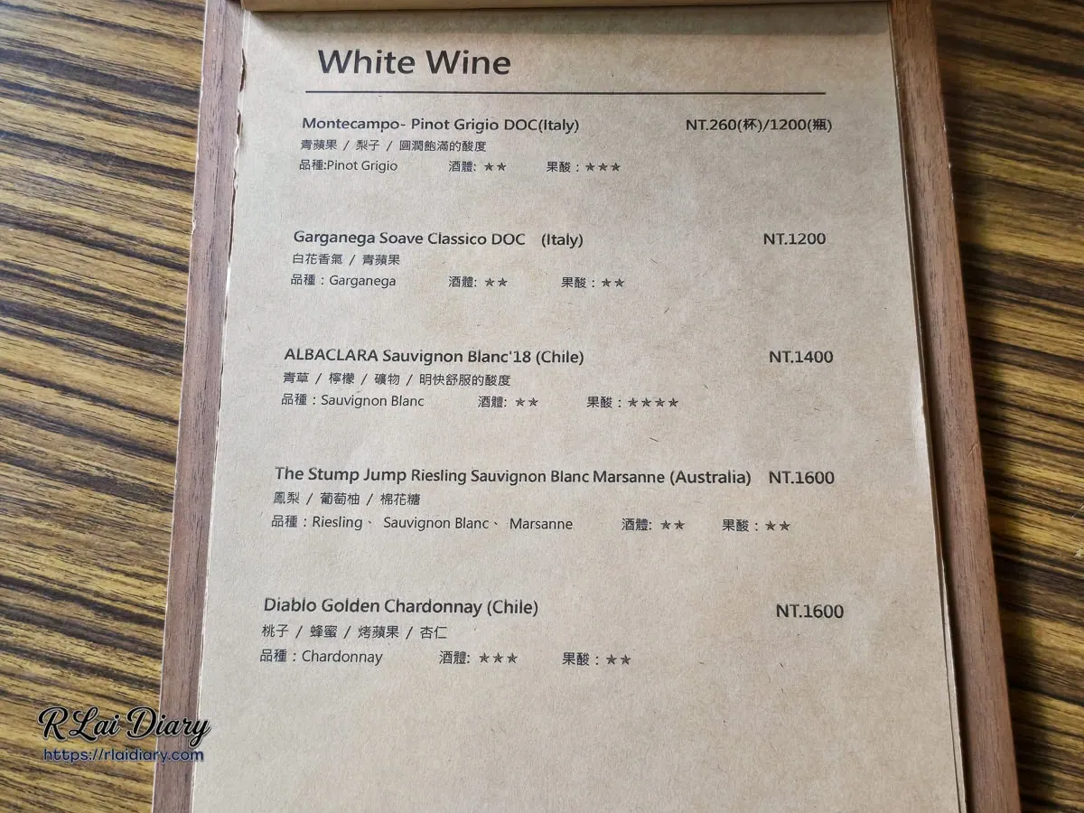 鈾咖啡餐酒館白酒選單包含產地與風味描述