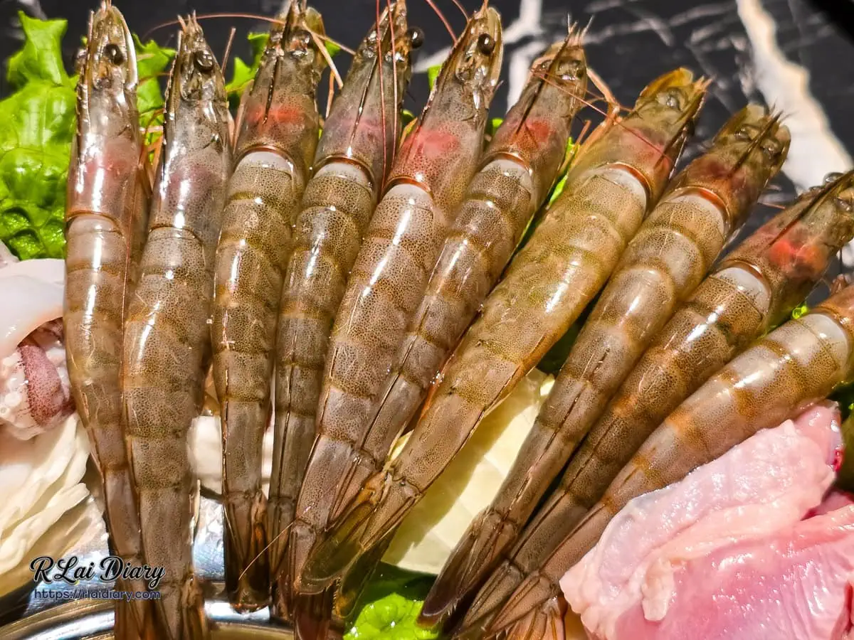 海陸推推鍋食材特寫，整排新鮮的大蝦排列整齊，品質新鮮看得見