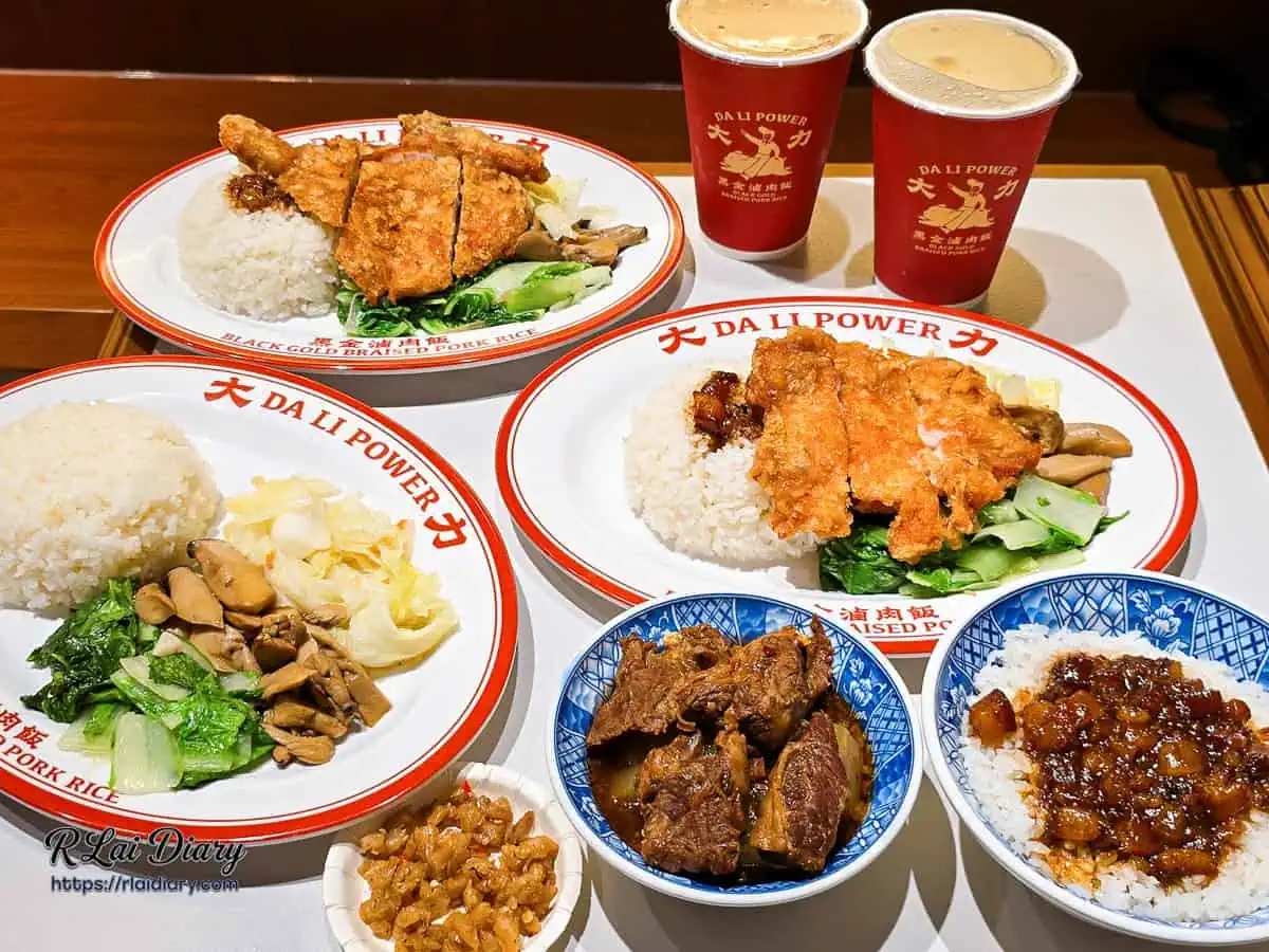 大力黑金滷肉飯品項合照,包含滷肉飯、去骨雞腿飯、經典排骨飯、牛腩飯、單點小菜及飲品等。