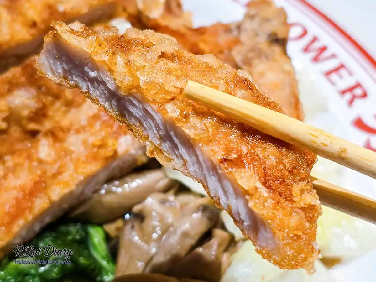 大力黑金滷肉飯排骨斷面秀，筷子夾起展現鮮嫩脆口且不乾柴的肉質紋理。