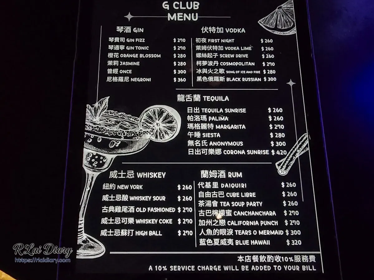 G CLUB TAIPEI 經典調酒菜單：以琴酒、伏特加、威士忌等五大基酒分類的酒單