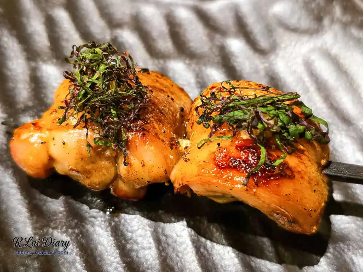 炭燒鳥串特寫，展現鮮嫩多汁的雞肉與炭火燻烤質感