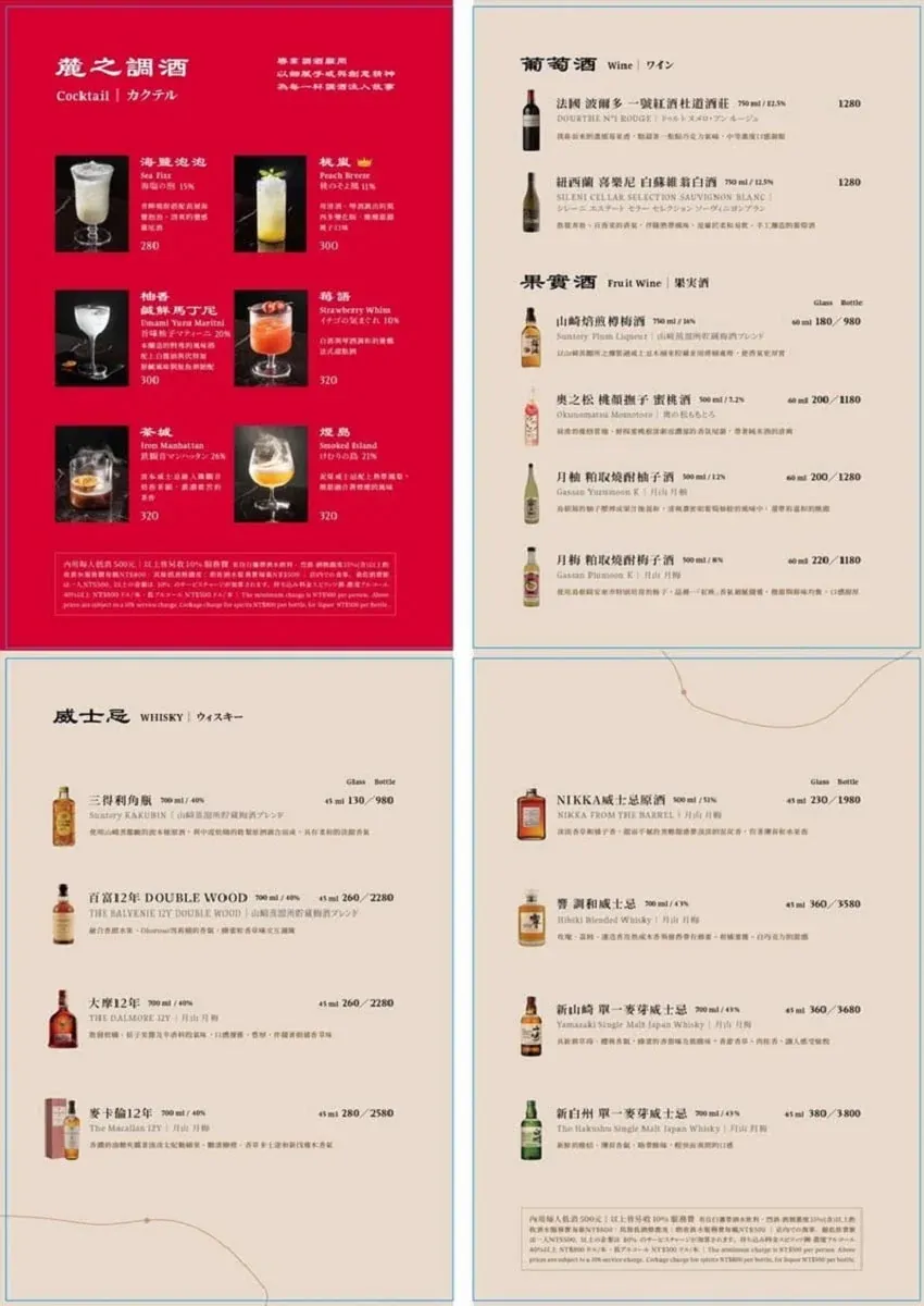 桃園餐酒館酒單：精選紅白酒、梅酒、柚子酒與日本威士忌（山崎、白州）單杯及整瓶價格
