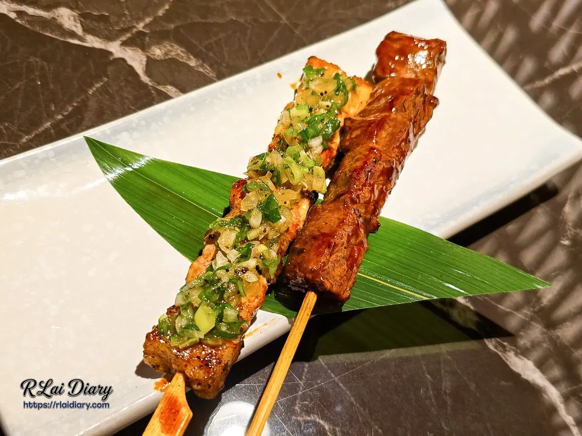 炭烤蔥鹽豬五花與醬燒牛肉串燒特寫，桃園串燒推薦