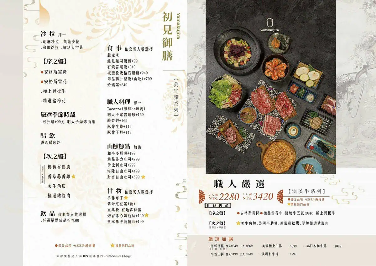 山鯨燒肉漢口店菜單，初見御膳套餐附餐選擇，包含沙拉、食事、職人料理與甘物