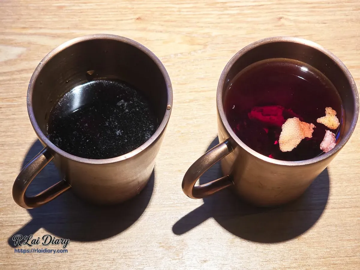 正太酸菜魚金屬杯盛裝可樂與熱陳皮洛神花茶特寫