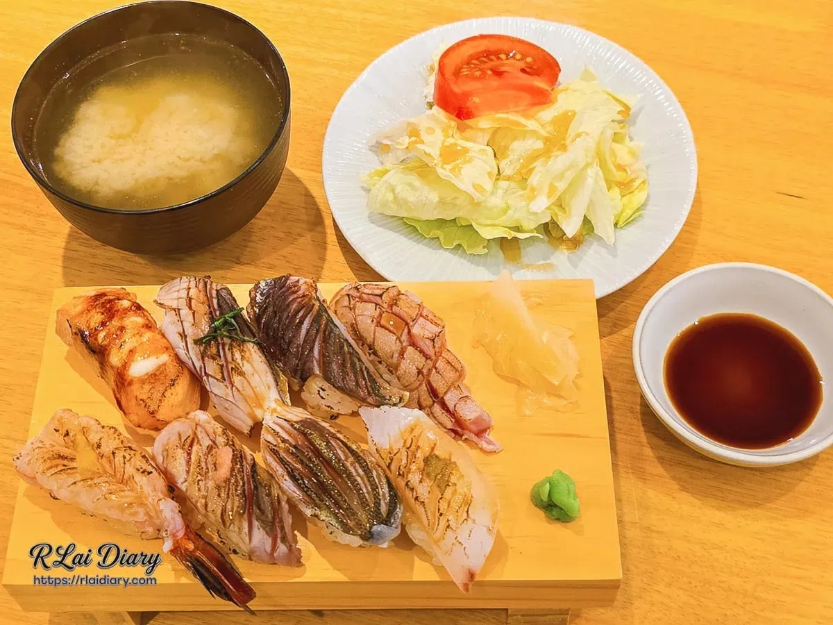 OMAKASE・食卓炙燒握壽司8貫套餐搭配沙拉與味噌湯