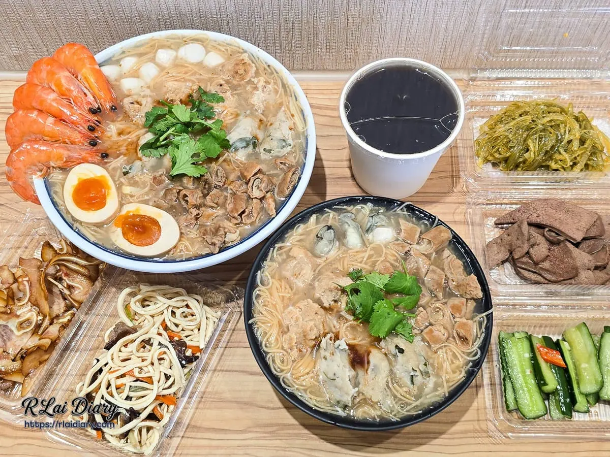 滿溢手工麵線全餐展示,包含澎湃海陸總匯麵線、經典綜合麵線,以及五款精緻小菜與關西仙草茶