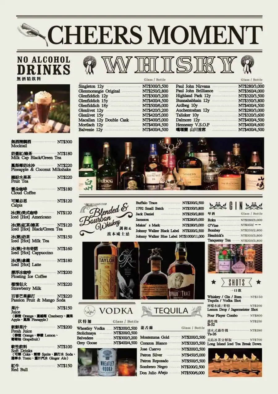 角窩酒單：威士忌、琴酒、龍舌蘭與各類烈酒品項清單