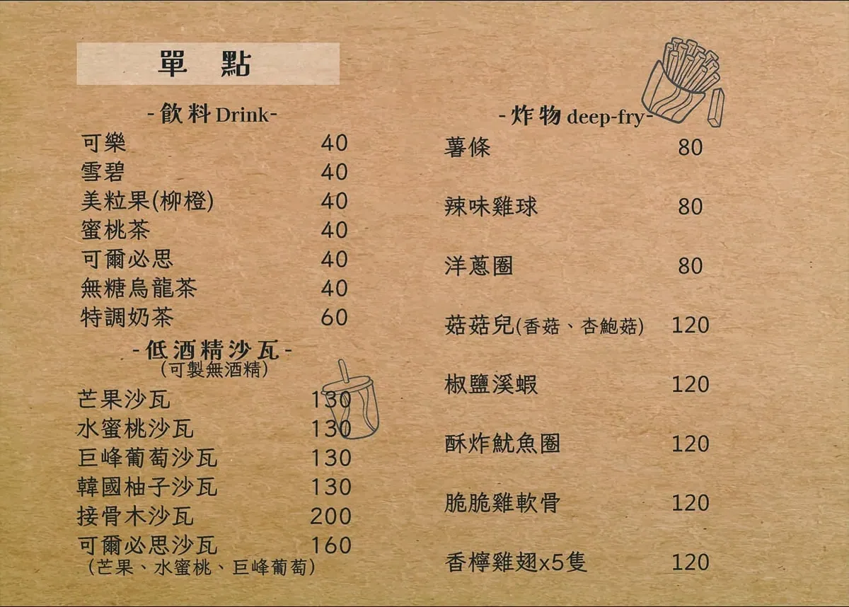 牛燒肉菜單：軟性飲料、低酒精沙瓦與炸物