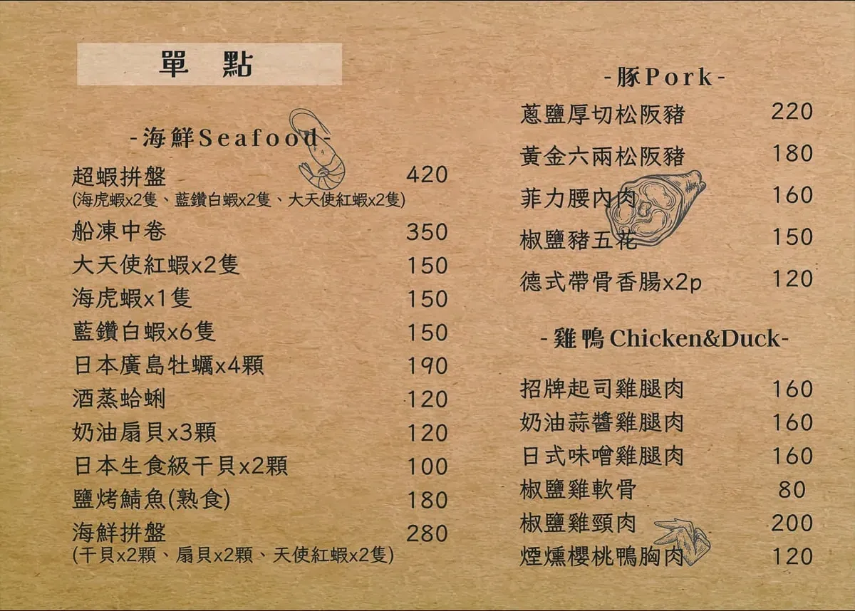 牛燒肉菜單：海鮮、豚肉、雞鴨類單點價位