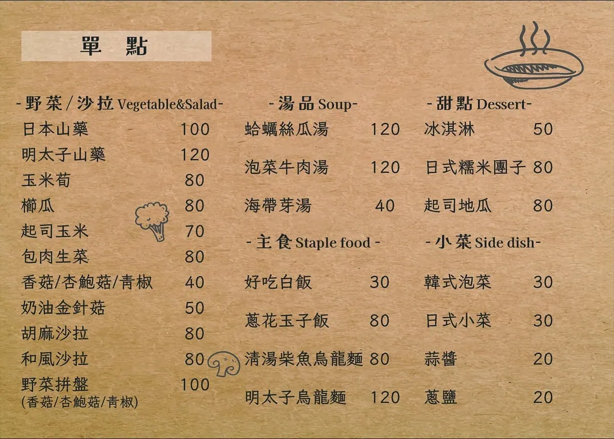 牛燒肉菜單：野菜沙拉、熱湯、主食與甜點
