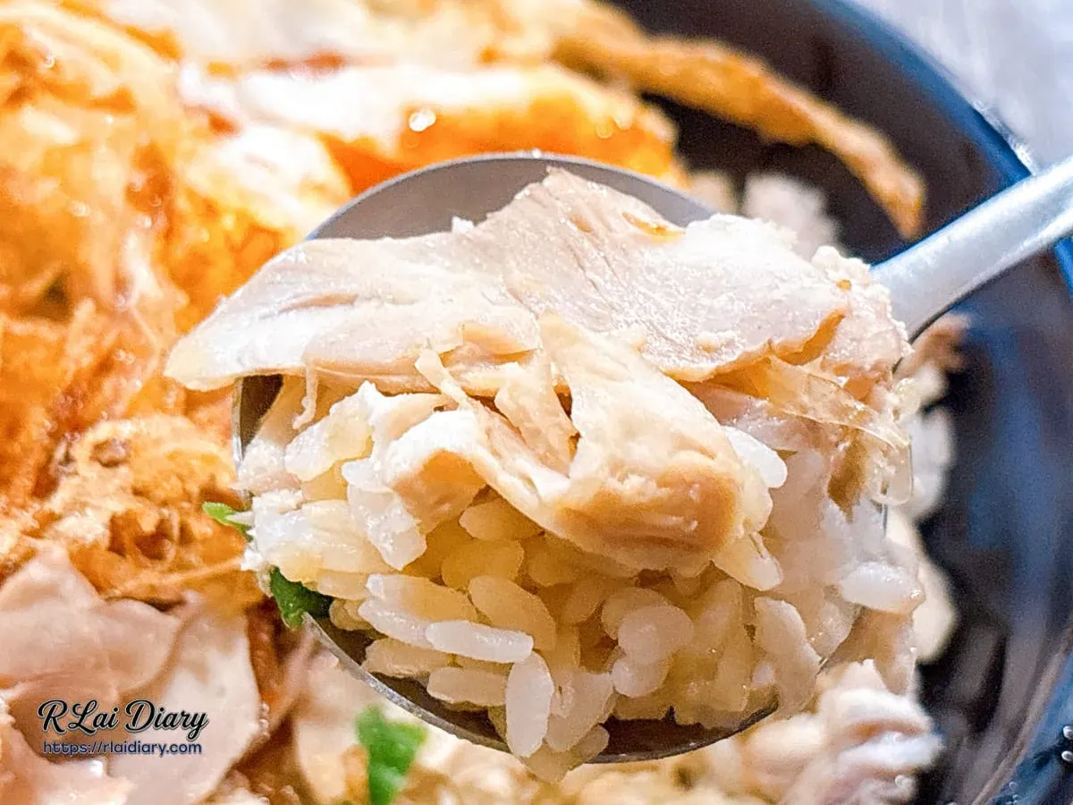 食的初蔥油雞肉飯特寫：一匙鮮嫩手撕雞肉與飽含雞汁的米飯細節