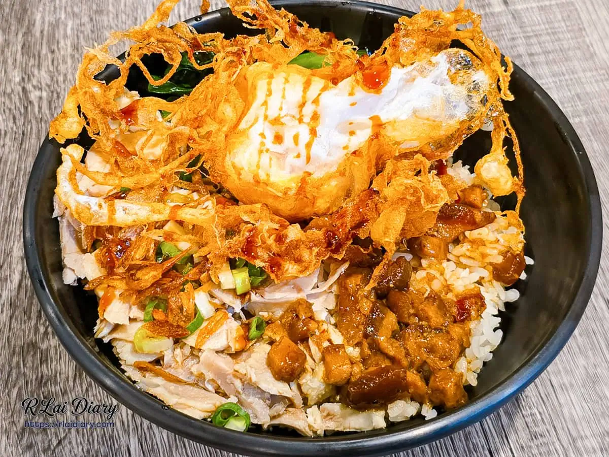 食的初炸蛋雙拼雞魯飯特寫：滷肉與雞肉交織的雙重澎湃美味