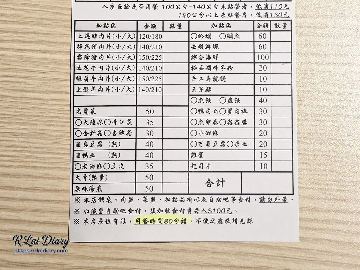 鍋域涮涮鍋菜單銅板價加點區與內用低消規範