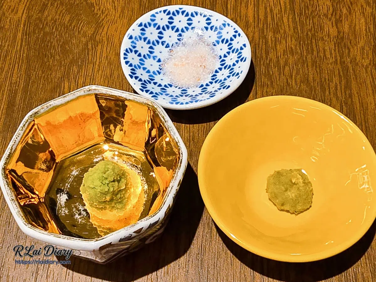 東山牛舌定食專屬黃金調味盤：日式山藥泥、特級海鹽與柚子胡椒