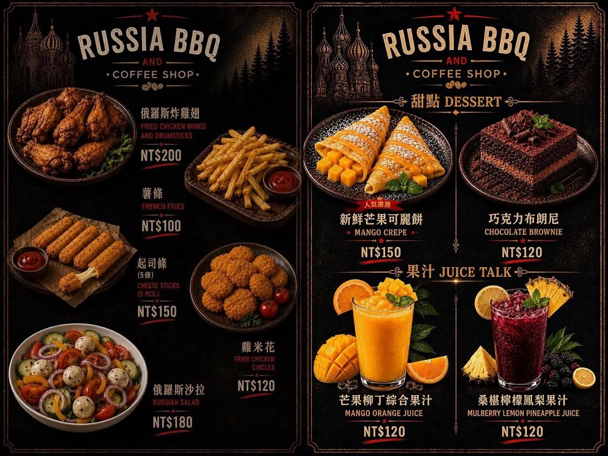 俄羅斯烤肉咖啡廳最新菜單價格：俄羅斯炸雞翅、炸物輕食、新鮮芒果可麗餅與特調鮮榨果汁