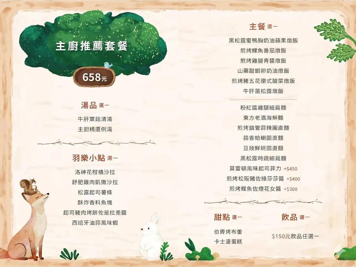 羽樂歐陸創意料理菜單：主廚推薦 658 元超值排餐與義大利麵套餐