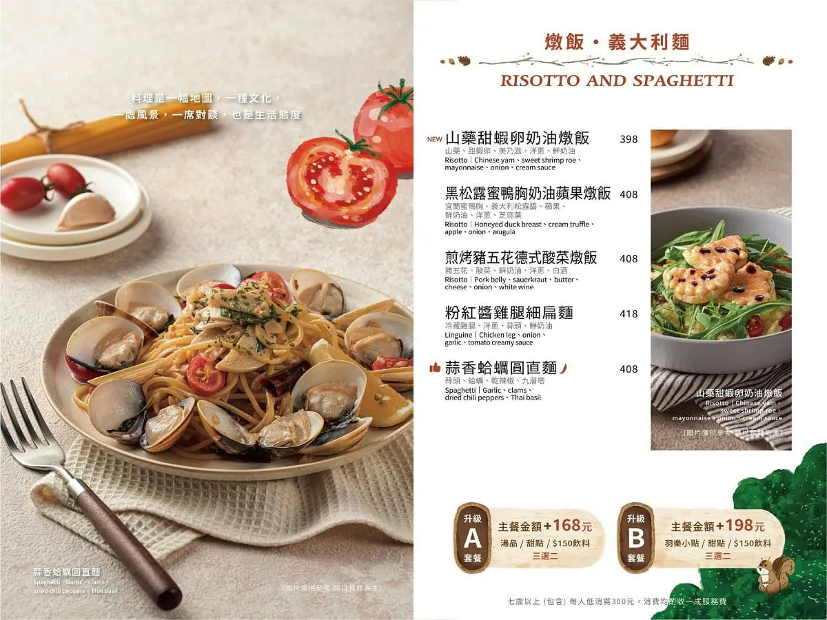 羽樂歐陸創意料理菜單：山藥甜蝦卵奶油燉飯與義大利麵升級套餐價位