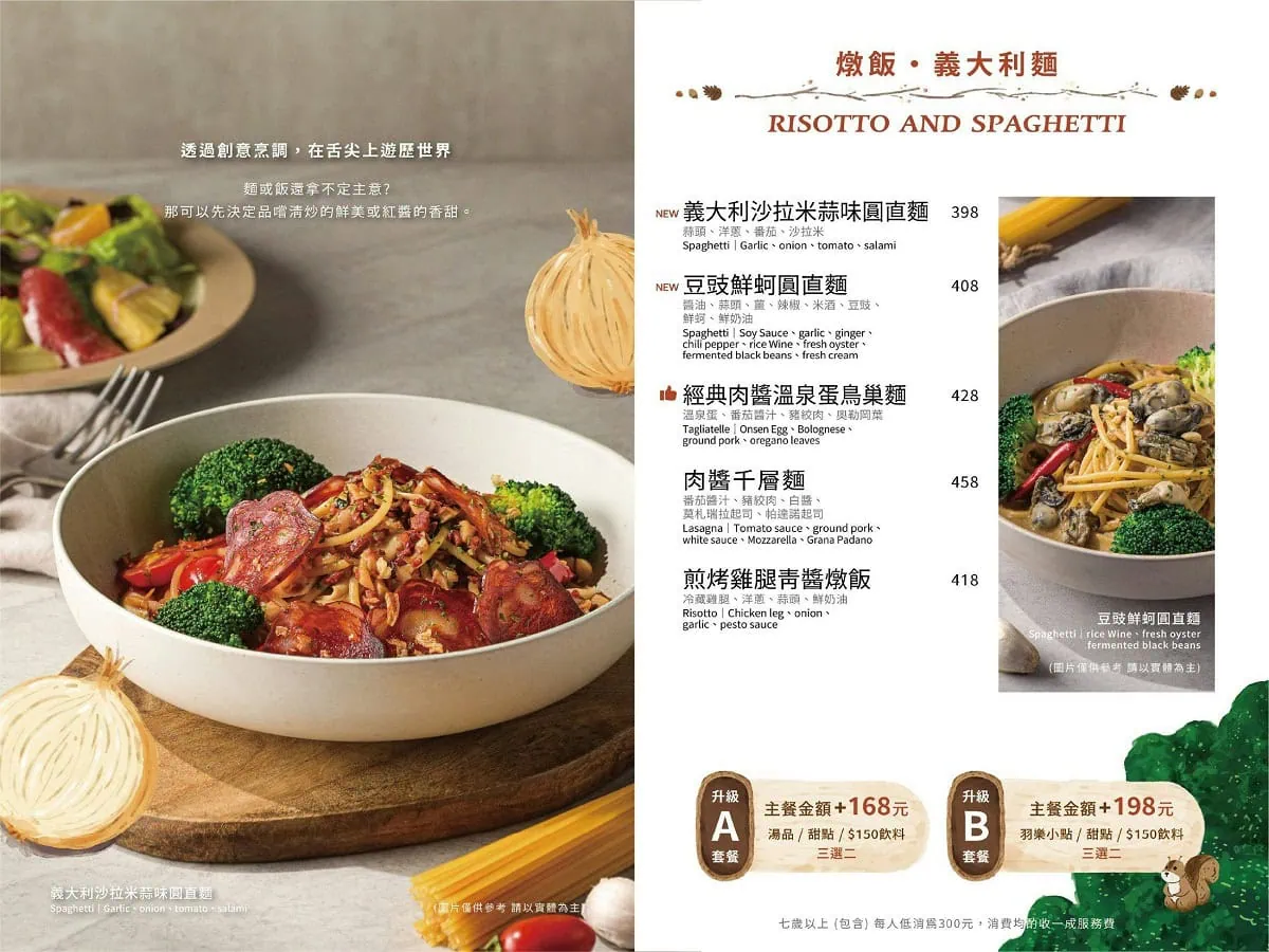羽樂歐陸創意料理菜單：豆豉鮮蚵圓直麵與溫泉蛋鳥巢麵