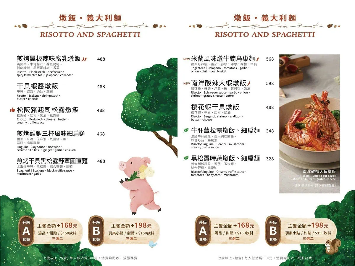 羽樂歐陸創意料理菜單：松阪豬起司松露燉飯與南洋酸辣大蝦燉飯