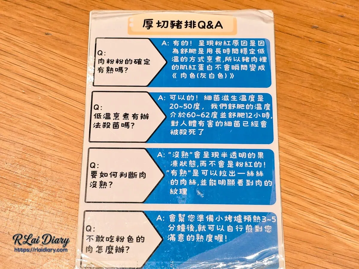 參元豚研究所舒肥厚切豬排Q&A說明牌