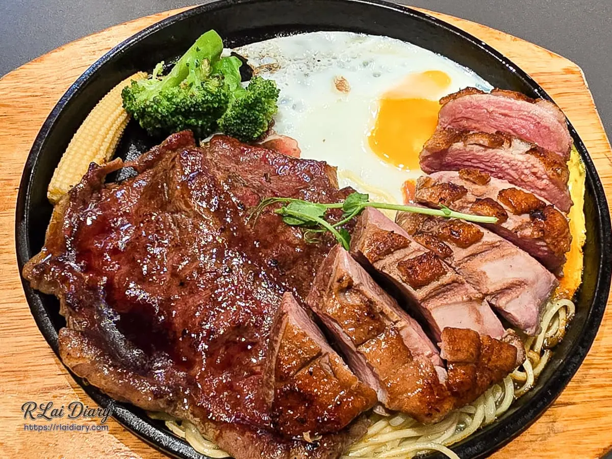 蘆洲平價牛排館滴滴牛排原塊肉品櫻桃鴨胸雙拼板腱牛排鐵板麵組合